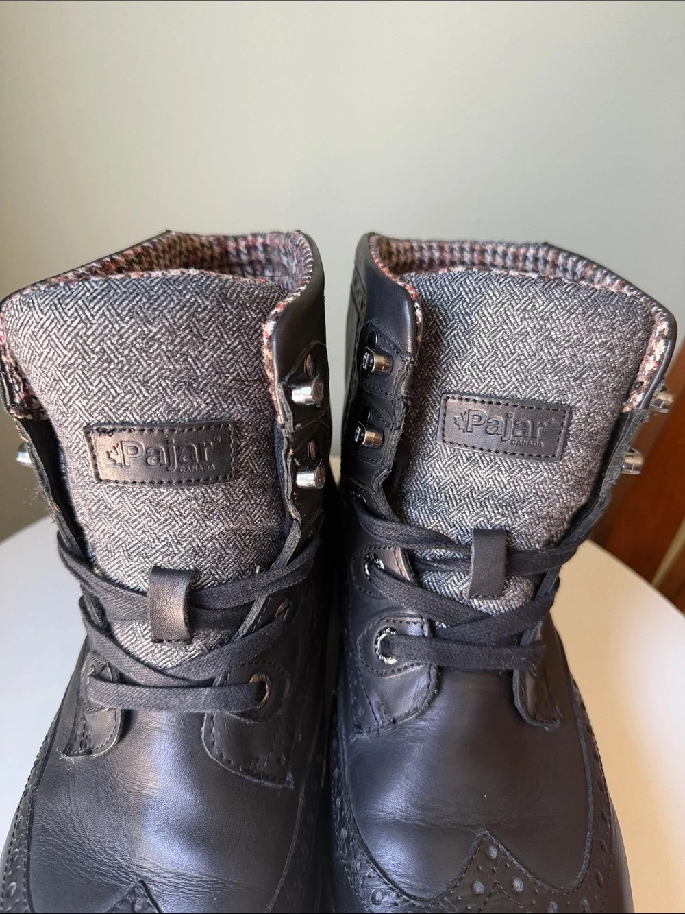 Pajar Canada Leather Wingtip Lace-Up Combat Boots Black Plaid Lined US 11–11.5